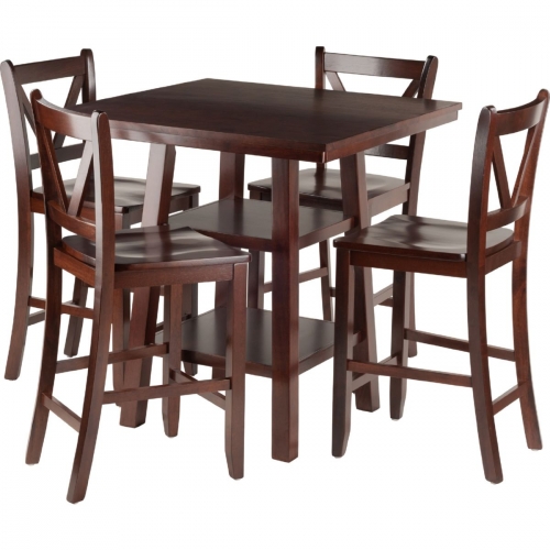 Orlando 5 Piece Set High Table with 2 Shelves & 4 V-Back Counter Stools in Walnut