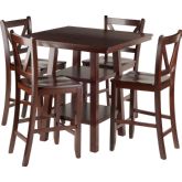 Orlando 5 Piece Set High Table w/ 2 Shelves & 4 V-Back Counter Stools in Walnut
