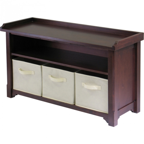 Verona Storage Bench with 3 Foldable Beige Color Fabric Baskets in Walnut