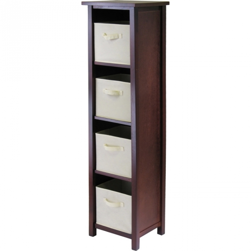 Verona 4 Section N Storage Shelf with 4 Foldable Beige Color Fabric Baskets in Walnut
