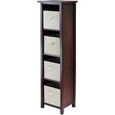 Verona 4 Section N Storage Shelf with 4 Foldable Beige Color Fabric Baskets in Walnut