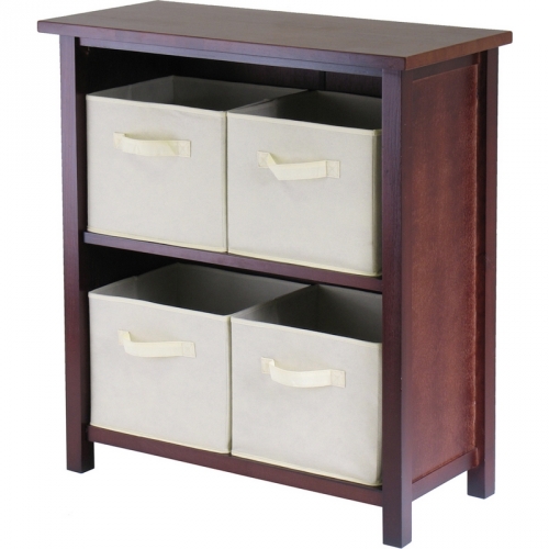Verona 2 Section M Storage Shelf with 4 Foldable Beige Fabric Baskets in Walnut