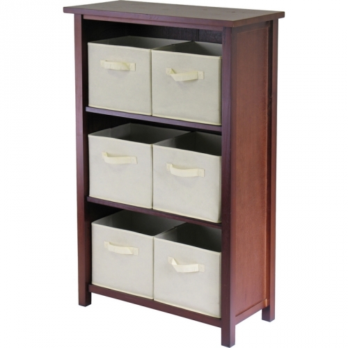 Verona 3 Section M Storage Shelf with 6 Foldable Beige Color Fabric Baskets in Walnut