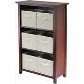 Verona 3 Section M Storage Shelf with 6 Foldable Beige Color Fabric Baskets in Walnut
