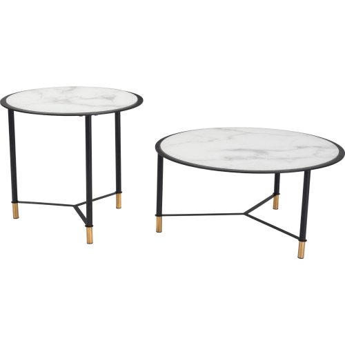 Davis Coffee Table in White Marble Print Glass, Black & Gold