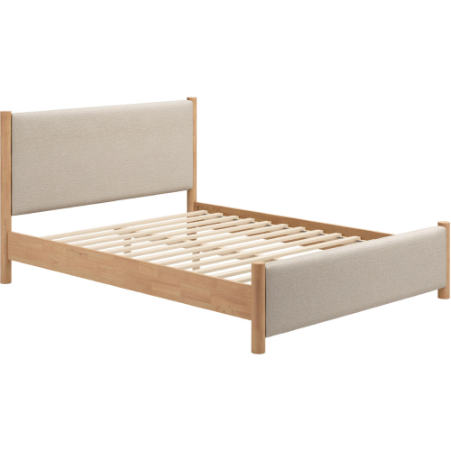 Hadi Queen Bed in Textured Beige Fabric & Natural Wood