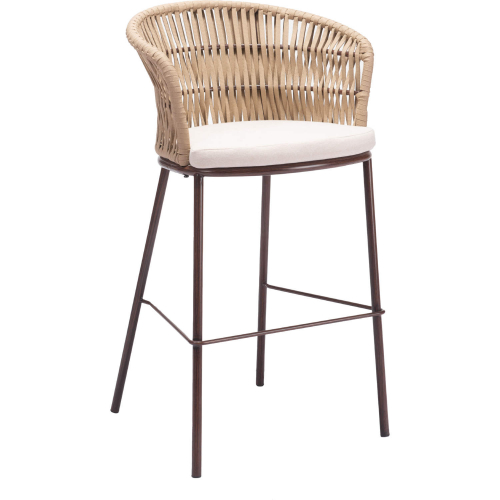 Freycinet Outdoor Bar Stool in Natural Fabric Weave, Grey Fabric Cushion & Brown Steel
