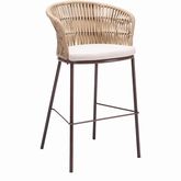 Freycinet Outdoor Bar Stool in Natural Fabric Weave, Grey Fabric Cushion & Brown Steel