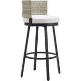 Midnight Wave Outdoor Bar Stool in PE Rattan, Black Metal & Off White Fabric