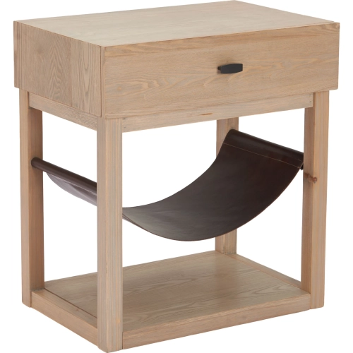 Haram Side Table in Natural Finish Wood & Brown Vegan Leather
