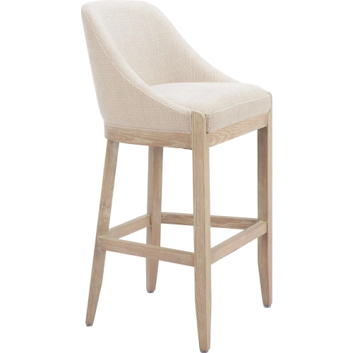 Calmo Bar Stool in Textured Beige Fabric & Natural Finish Wood