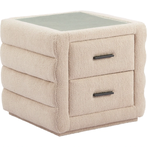 Soffice 2 Drawer Nightstand in Beige Shearling Style Fabric & Tempered Glass