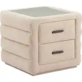 Soffice 2 Drawer Nightstand in Beige Shearling Style Fabric & Tempered Glass