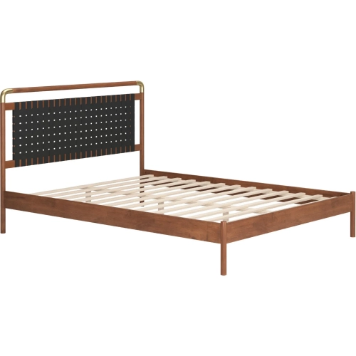 Netz Queen Bed in Black Leatherette, Walnut Finish & Metal