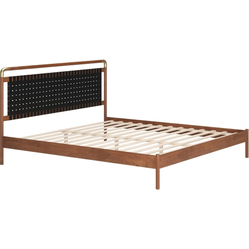 Netz King Bed in Black Leatherette, Walnut Finish & Metal