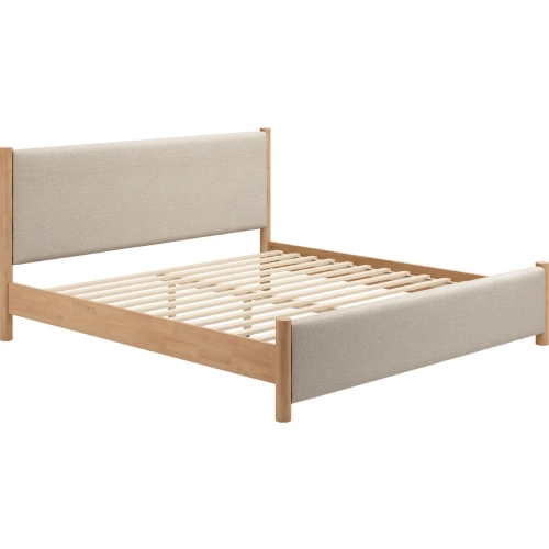 Hadi King Bed in Textured Beige Fabric & Natural Wood
