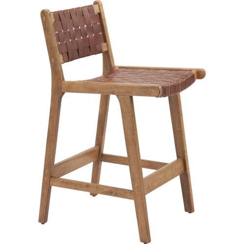 Feder Counter Stool in Brown Leather & Wood (Set of 2)
