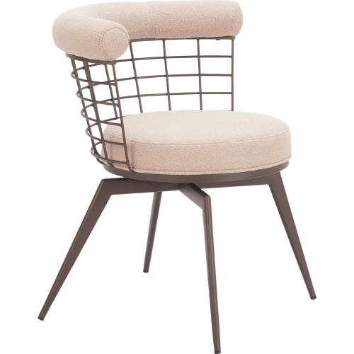 Saku Swivel Dining Chair in Textured Beige Fabric & Brown Steel