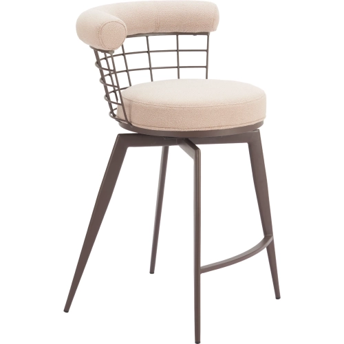 Saku Swivel Counter Stool Textured Beige Fabric & Brown Steel