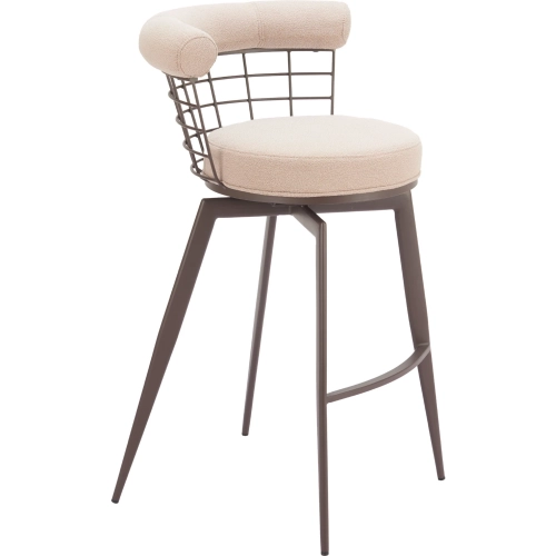 Saku Swivel Bar Stool Textured Beige Fabric & Brown Steel