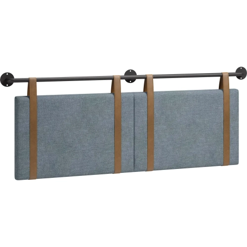 Zeva Floating Queen Headboard in Gray Fabric, Brown Vegan Leather & Metal