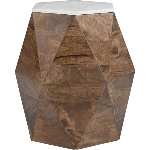 Bisel Side Table White Marble & Walnut Finish Mango Wood