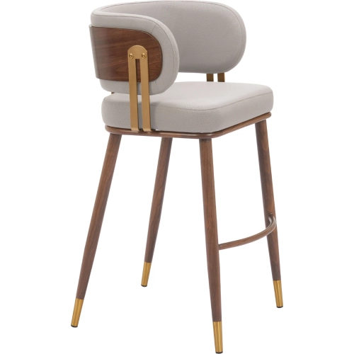 Brew Bar Stool in Beige Vegan Leather, Walnut Faux Wood Steel & Gold