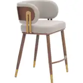 Brew Counter Stool in Beige Vegan Leather, Walnut Faux Wood Steel & Gold