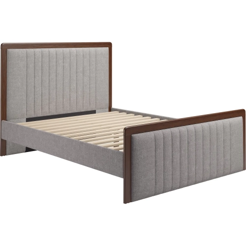 Somune Queen Bed in Channel Tufted Gray Fabric & Walnut Finish