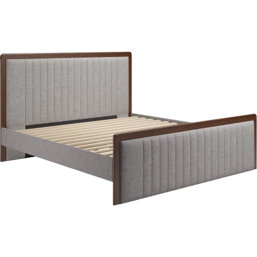 Somune King Bed in Channel Tufted Gray Fabric & Walnut Finish