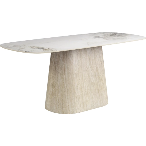 Nooka Dining Table in White Faux Marble Stone & Faux Travertine