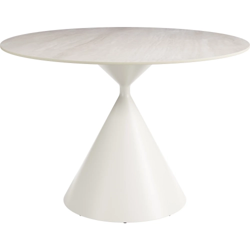 Plinn 43.30" Round Dining Table in Beige Faux Travertine & White Steel