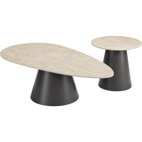Reyes 2-Piece Coffee Table in Set Natural Faux Travertine & Black Steel