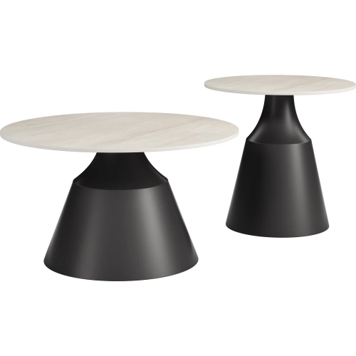 Camella 2-Piece Coffee Table in Set Light Beige Stone & Black Steel