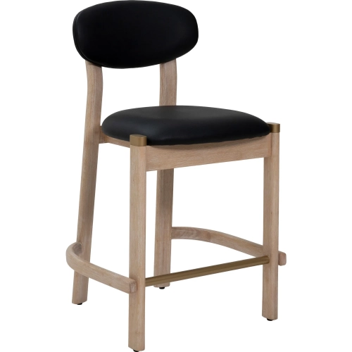 Rilou Counter Stool in Black Vegan Leather & Washed Wood (Set of 2)