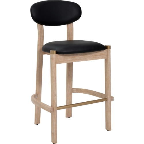 Rilou Bar Stool in Black Vegan Leather & Washed Wood (Set of 2)