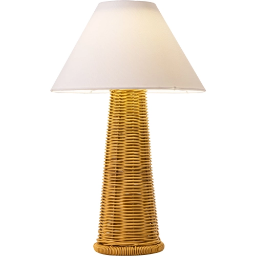 Palmia Solar Table Lamp in Natural Synthetic Rattan Weave & White Fabric