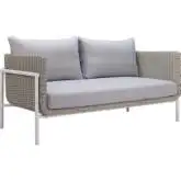Frais Outdoor Loveseat in PE Rattan, White Metal & Gray Fabric