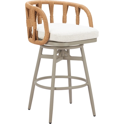 Safal Outdoor Swivel Bar Stool in PE Rattan, Neutral Fabric & Gray Aluminum