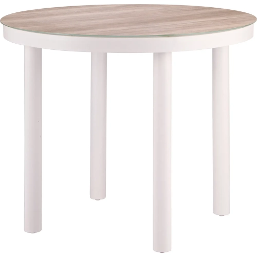 Nimara Outdoor 35.4" Round Dining Table in Faux Wood, Glass & White Metal