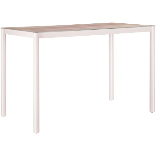 Dimira Outdoor 63" Bar Dining Table in White Metal, Faux Wood & Tempered Glass
