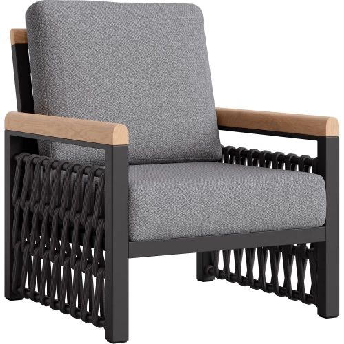 Naru Outdoor Accent Chair in Gray Outdoor Fabric, Faux Wood & Black Metal