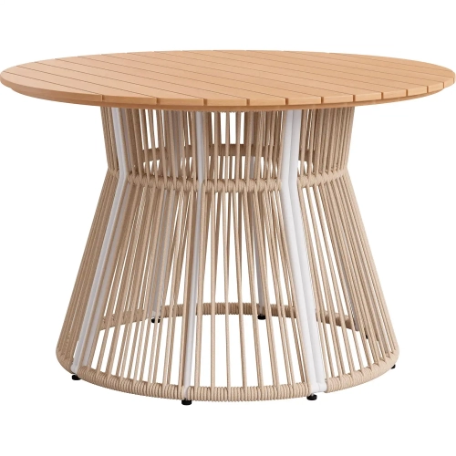 Toge Outdoor 47" Round Dining Table in Acacia Wood, Neutral Fabric & White Aluminum