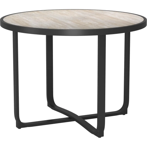 Noctan Outdoor 41.50" Round Dining Table in Faux Wood, Glass & Black Metal