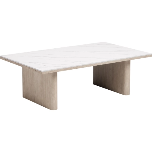 Seaborn Outdoor Coffee Table in White Faux Marble Stone & Faux Wood